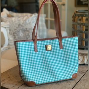 Dooney & Bourke Small Tote Bag Light Blue Aqua Gingham Tan Leather